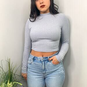 Elodie Crop Top Blue Sparkle Long Sleeve Cutout Mock Neck Open Back Top